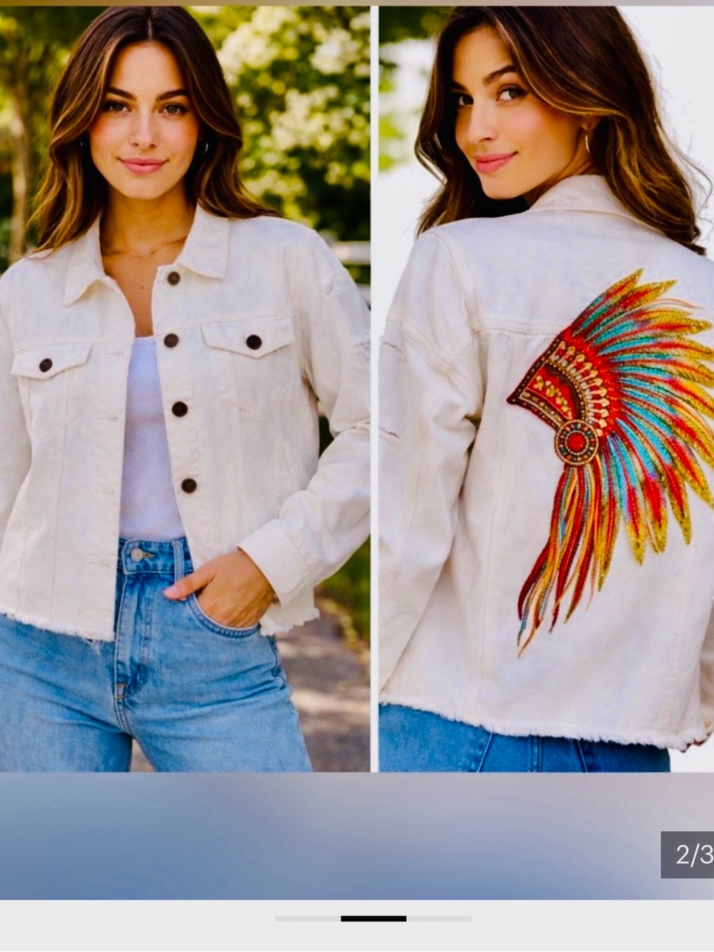 White Embroidered Feather Headdress Denim Jacket with sequins ✨